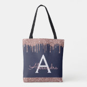 Roze Rose Gold Navy Blauw Glitter Elegant Monogram Tote Bag (Achterkant)