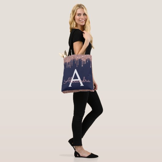 Roze Rose Gold Navy Blauw Glitter Elegant Monogram Tote Bag (Op model)