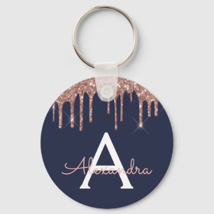 Roze Rose Gold Navy Blue Glitter Monogram Sleutelhanger