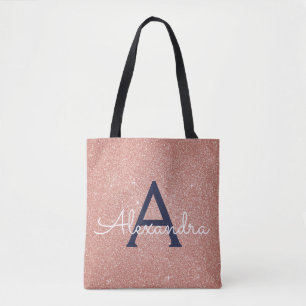 Roze Rose Gold Navy Blue Sparkle Elegant Monogram Tote Bag