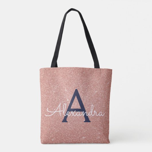 Roze Rose Gold Navy Blue Sparkle Elegant Monogram Tote Bag (Achterkant)