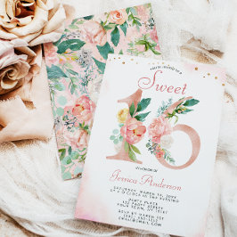 Roze Rose Gold Princess Floral Sweet 16 Birthday Kaart