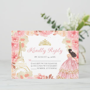 Roze Rose Gold Prinses Quinceañera RSVP-kaart Kaart