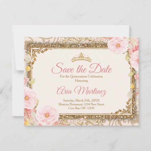 Roze Rose Gold Quinceañera 15 Anos Save the Date Bedankkaart (Voorkant)
