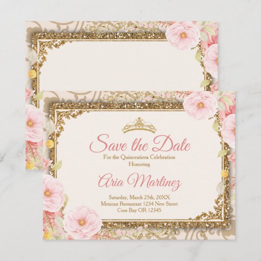 Roze Rose Gold Quinceañera 15 Anos Save the Date Bedankkaart (Voorkant / Achterkant)