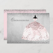 Roze Rose Gold Silver Quinceanera Party Invite Kaart (Voorkant / Achterkant)