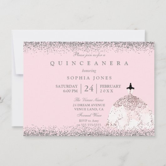 Roze Rose Gold Silver Quinceanera Party Invite Kaart (Achterkant)