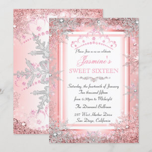 Roze Rose Gold Silver Winter Wonderland Sweet 16 Kaart
