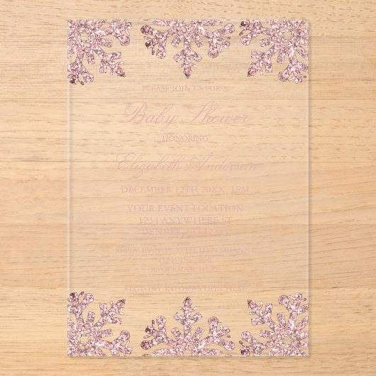 Roze Rose Gold Snowflake Winter Baby shower Acryl Uitnodigingen (Voorkant)