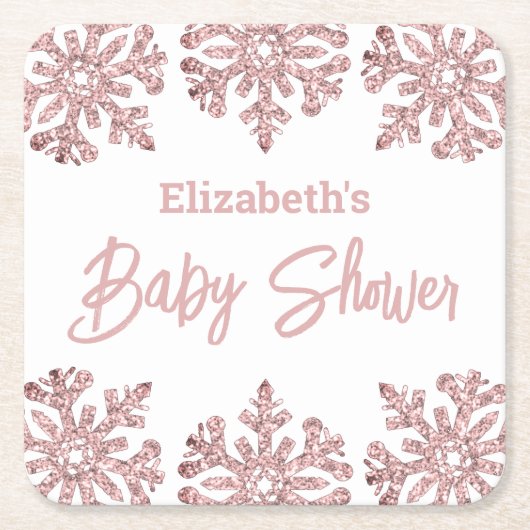 Roze Rose Gold Snowflake Winter Baby shower Kartonnen Onderzetters (Voorkant)