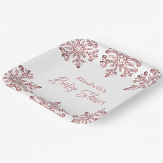 Roze Rose Gold Snowflake Winter Baby shower Papieren Bordje (Gebogen)