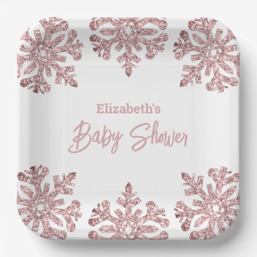 Roze Rose Gold Snowflake Winter Baby shower Papieren Bordje (Voorkant)