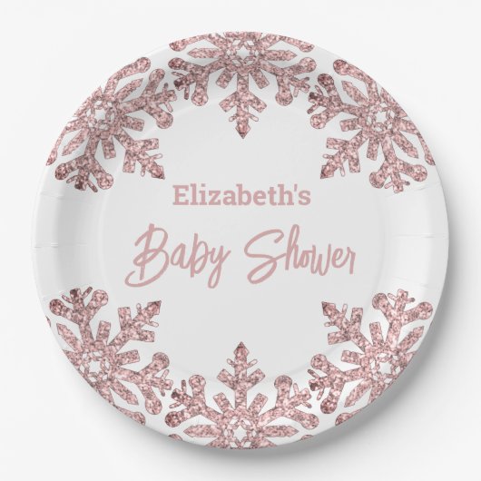 Roze Rose Gold Snowflake Winter Baby shower Papieren Bordje (Voorkant)