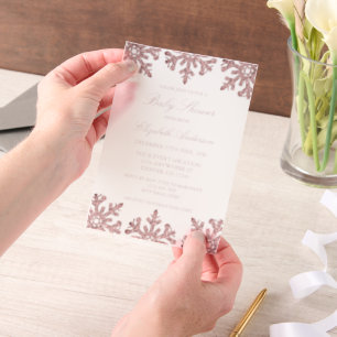 Roze Rose Gold Snowflake Winter Baby shower Vellum Uitnodigingen