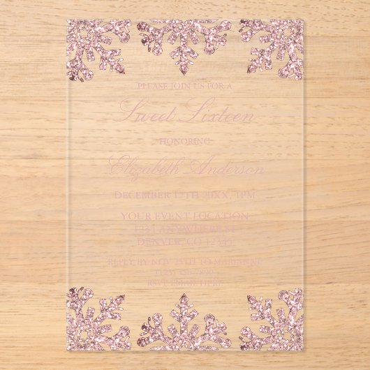Roze Rose Gold Snowflake Winter Sweet 16 Acryl Uitnodigingen (Voorkant)