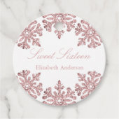 Roze Rose Gold Snowflake Winter Sweet 16 Bedankjes Labels (Voorkant)