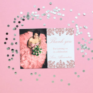 Roze Rose Gold Snowflake Winter Sweet 16 Bedankkaart
