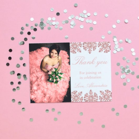 Roze Rose Gold Snowflake Winter Sweet 16 Bedankkaart