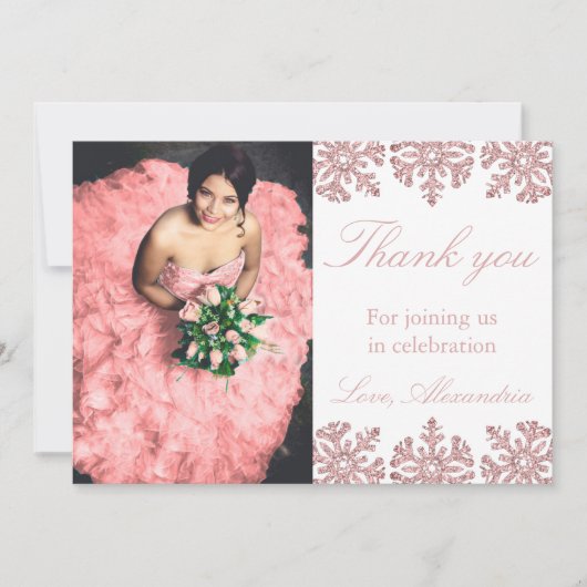 Roze Rose Gold Snowflake Winter Sweet 16 Bedankkaart (Voorkant)