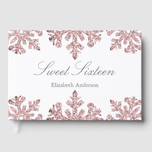 Roze Rose Gold Snowflake Winter Sweet 16 Gastenboek (Voorkant)