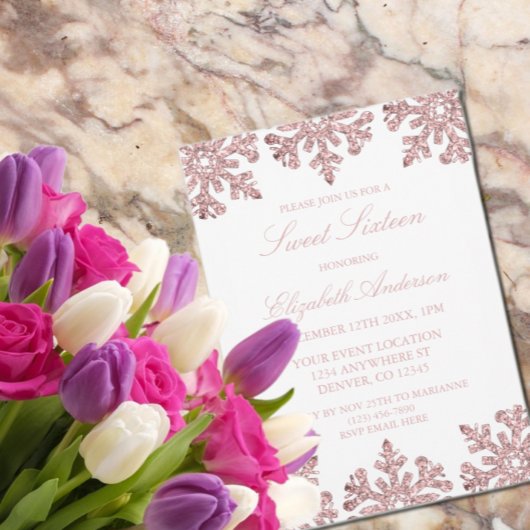 Roze Rose Gold Snowflake Winter Sweet 16 Kaart