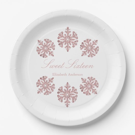 Roze Rose Gold Snowflake Winter Sweet 16 Papieren Bordje (Voorkant)