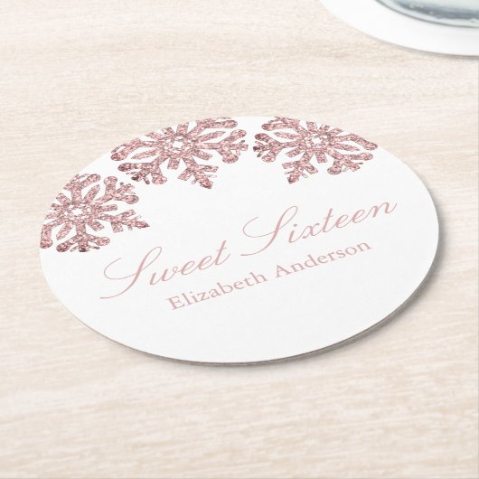 Roze Rose Gold Snowflake Winter Sweet 16 Ronde Kartonnen Onderzetter (Gebogen)