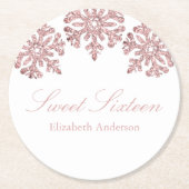 Roze Rose Gold Snowflake Winter Sweet 16 Ronde Kartonnen Onderzetter (Voorkant)