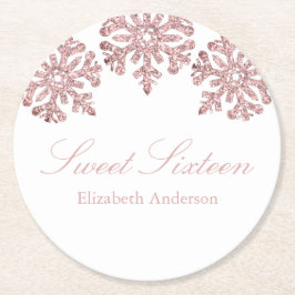 Roze Rose Gold Snowflake Winter Sweet 16 Ronde Kartonnen Onderzetter