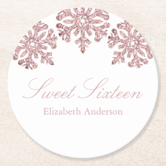 Roze Rose Gold Snowflake Winter Sweet 16 Ronde Kartonnen Onderzetter (Voorkant)