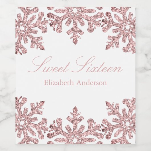 Roze Rose Gold Snowflake Winter Sweet 16 Wijn Etiket (Enkel label)