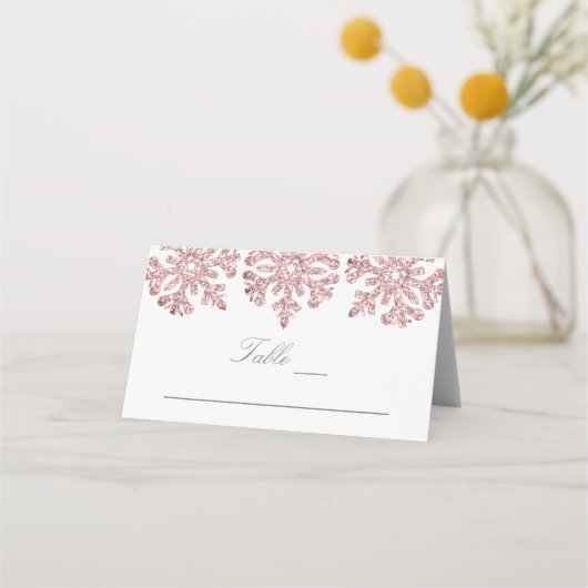 Roze Rose Gold Snowflakes Winter Weddenschap Plaatskaartje (Voorkant)