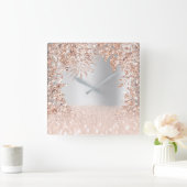 Roze Rose Gold Spark Floral Glitter Blush Grey Vierkante Klok (Huis)