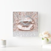 Roze Rose Gold Spark Floral Glitter Lips Grey Vierkante Klok (Huis)