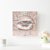 Roze Rose Gold Spark Floral Glitter Lips Numbers Vierkante Klok (Huis)
