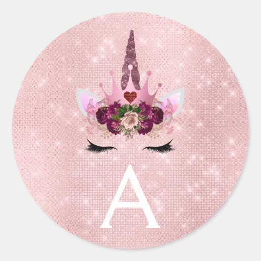 Roze Rose Gold Sparkle Eenhoorn Monogram Verjaarda Ronde Sticker (Voorkant)