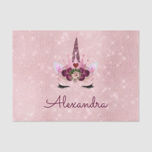 Roze Rose Gold Sparkle Eenhoorn Monogram Verjaarda Tissuepapier (Voorkant)