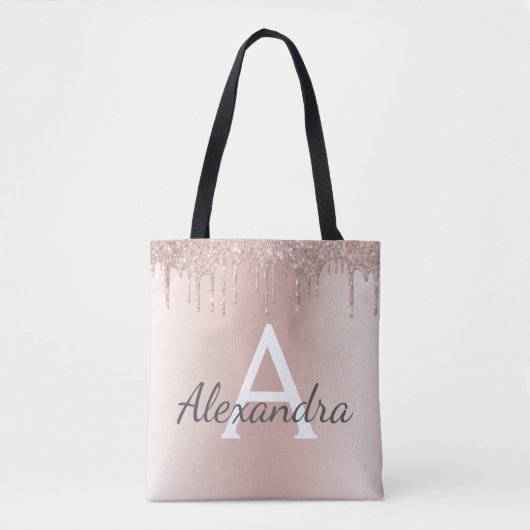 Roze Rose Gold Sparkle Elegant Monogram Boekentas Tote Bag (Voorkant)