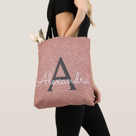 Roze Rose Gold Sparkle Elegant Monogram Boekentas Tote Bag (Dichtbij)