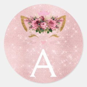 Roze Rose Gold Sparkle Kat Monogram Birthday Ronde Sticker