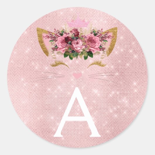Roze Rose Gold Sparkle Kat Monogram Verjaardag Ronde Sticker (Voorkant)