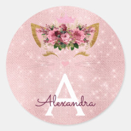 Roze Rose Gold Sparkle Kat Monogram Verjaardag Ronde Sticker