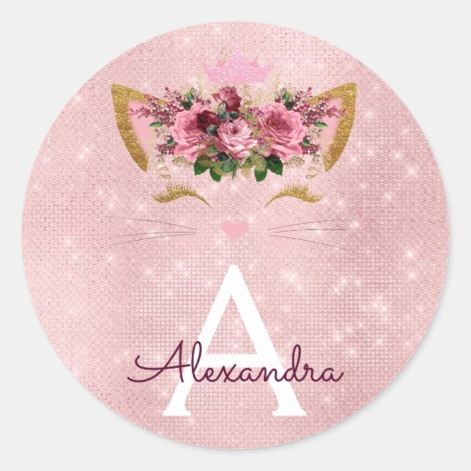 Roze Rose Gold Sparkle Kat Monogram Verjaardag Ronde Sticker (Voorkant)