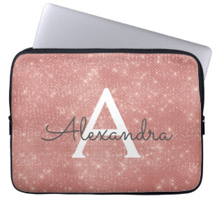 Roze Rose Gold Sparkle Modern Monogram Naam Laptop Sleeve