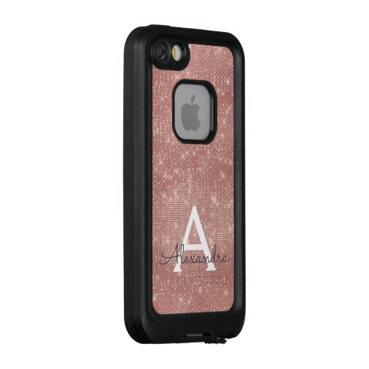 Roze Rose Gold Sparkle Modern Monogram Naam LifeProof iPhone Hoesje (Achterkant / rechts)