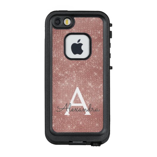 Roze Rose Gold Sparkle Modern Monogram Naam LifeProof iPhone Hoesje (Achterkant)