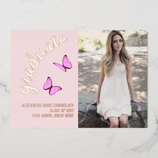 Roze Rose Gold Toen en Nu Foto Afstuderen Folie Uitnodiging (Voorkant)