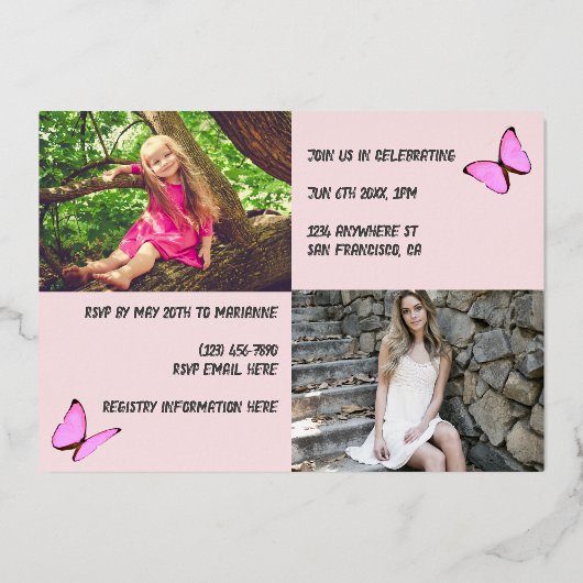 Roze Rose Gold Toen en Nu Foto Afstuderen Folie Uitnodiging (Achterkant)