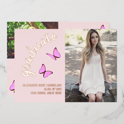 Roze Rose Gold Toen en Nu Foto Afstuderen Folie Uitnodiging (Voorkant / Achterkant)