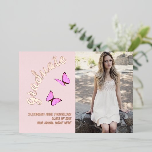 Roze Rose Gold Toen en Nu Foto Afstuderen Folie Uitnodiging (Staand Voorkant)